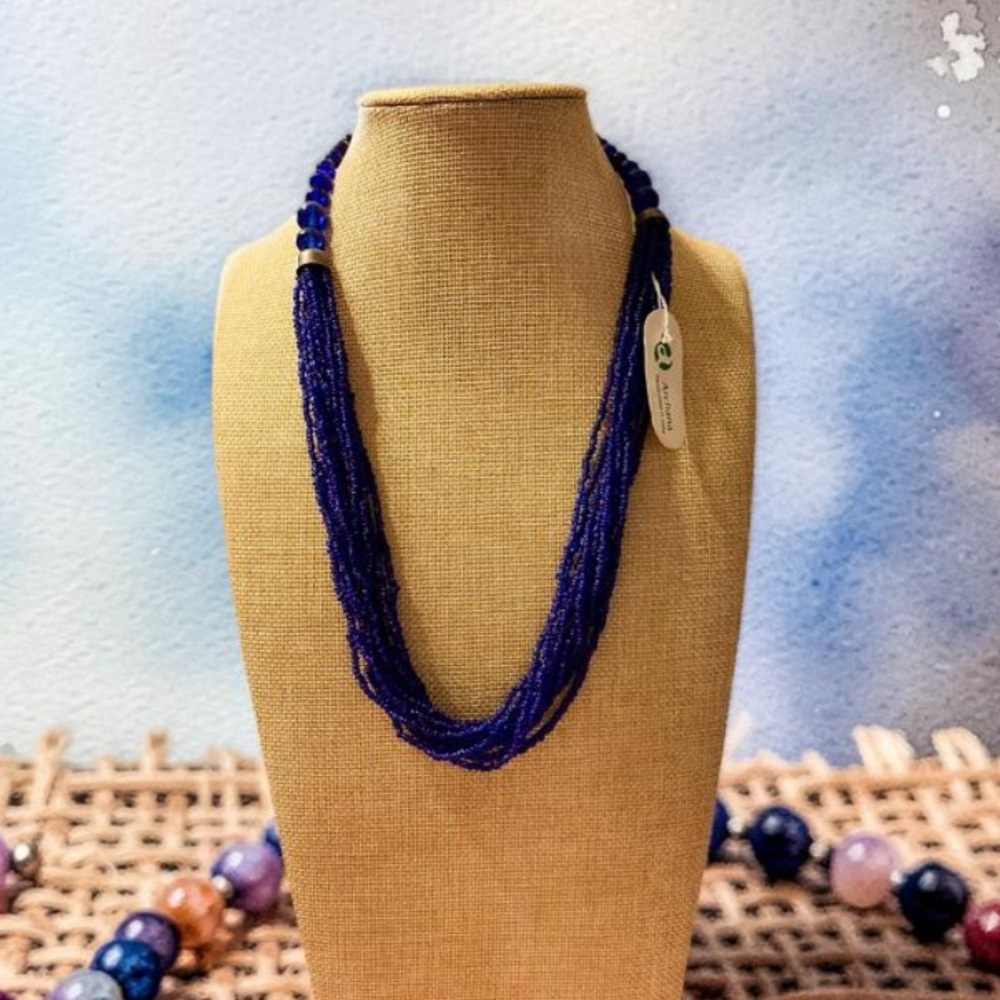 Navy Blue Beaded Necklace with Gold Accent Beads